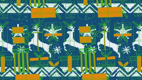 Rentier-Symbole-Auf-Traditionellem-Blauem-Weihnachtsmuster-über-Weihnachtsgeschenk-Symbolen-Im-Nahtlosen-Muster