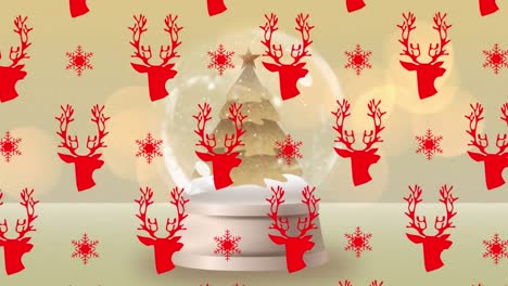 Reindeer-icons-in-seamless-pattern-over-shooting-star-over-christmas-tree-in-snow-globe