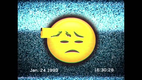 Digital-animation-of-vhs-glitch-effect-over-sad-face-emoji-against-tv-static-effect
