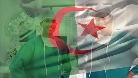 Composición-Digital-De-La-Bandera-De-Argelia-Ondeando-Contra-Diversos-Cirujanos-Varones-Sonriendo-En-El-Hospital