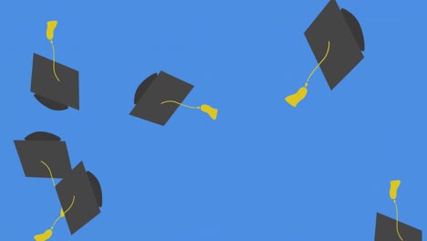 Digital-animation-of-multiple-graduation-hat-icons-falling-against-blue-background