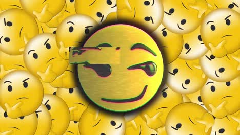 Animación-Digital-Del-Efecto-De-Falla-Sobre-Emoji-De-Cara-Sonriente-Contra-Múltiples-Emojis-De-Cara-Pensante