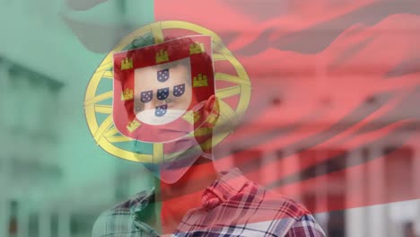 Animation-Der-Flagge-Portugals,-Die-über-Einem-Mann-Mit-Gesichtsmasken-Weht