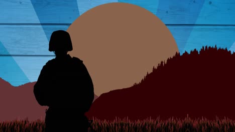 Animation-of-soldier-silhouette-over-sun-and-mountains-on-blue-background