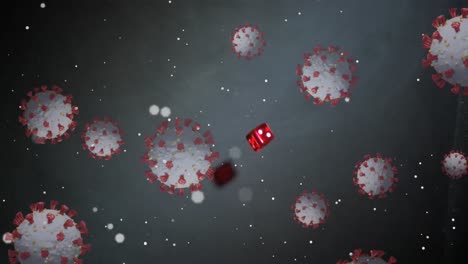 Animation-Von-Covid-19-Zellen,-Die-über-Roten-Würfeln-Auf-Grauem-Hintergrund-Schweben