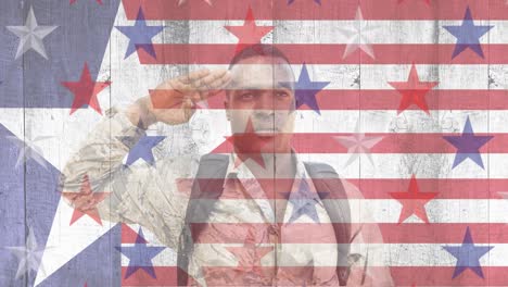 Animation-Von-Sternen-In-Amerikanischer-Flagge-Und-Soldaten,-Die-über-Der-Amerikanischen-Flagge-Salutieren
