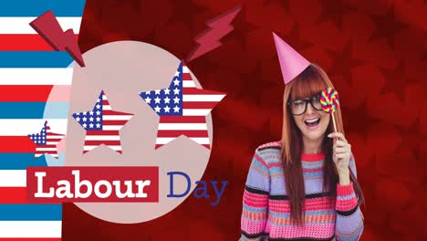 Animation-of-labour-day-text-and-woman-over-american-flag-stars-and-stripes