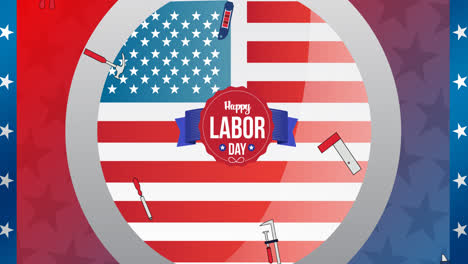 Animation-Des-Textes-„Happy-Labor-Day“-über-Werkzeugen-Und-Amerikanischer-Flagge