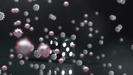Animation-Von-Covid-19-Zellen,-Die-über-Würfeln-Auf-Grauem-Hintergrund-Schweben
