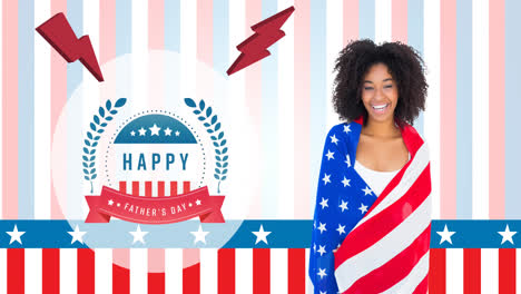 Animation-of-happy-fathers-day-text-and-woman-american-flag