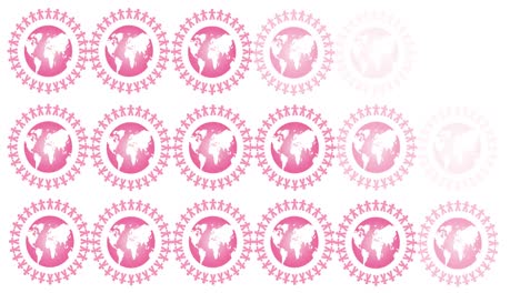 Animation-of-multiple-pink-globe-logo-appearing-on-white-background