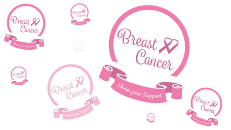 Animation-of-multiple-pink-ribbon-logo-and-breast-cancer-text-appearing-on-white-background