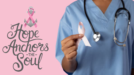 Animation-of-pink-ribbon-anchor-logo-with-breast-cancer-text-over-female-doctor