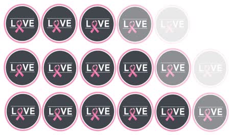 Animation-of-multiple-pink-ribbon-logo-and-love-text-appearing-on-white-background