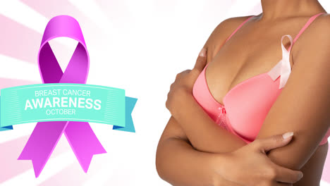 Animation-of-pink-ribbon-logo-with-breast-cancer-text-over-women-in-pink-bra
