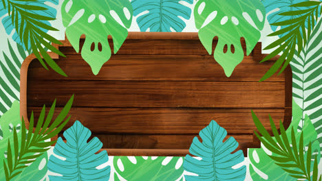 Animation-of-tropical-plant-leaves-on-wooden-background