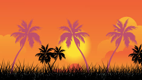 Animation-Von-Palmen-über-Der-Sonne-Am-Orangefarbenen-Himmel