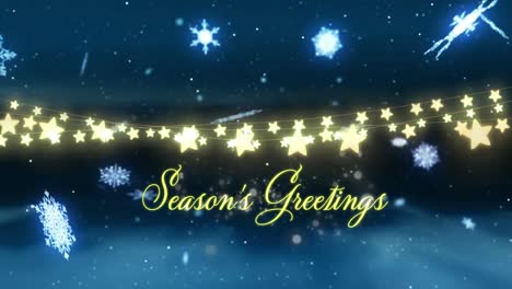 Animation-of-seasons-greetings-text-over-stars-and-snow-falling-on-black-background