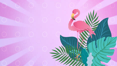 Animation-Von-Flamingos-Und-Tropischen-Pflanzenblättern-Auf-Rosa-Gestreiftem-Hintergrund