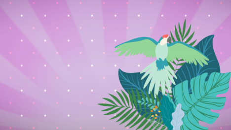 Animation-Von-Papageien-Und-Tropischen-Pflanzenblättern-Auf-Rosa-Gestreiftem-Hintergrund