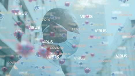 Animation-Von-Coronavirus-Texten-Und--Zellen-über-Einem-Mann-Mit-Gesichtsmaske