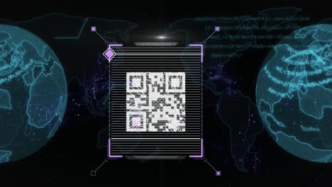 Animation-of-qr-code-data-processing-and-network-of-connections-over-dark-background