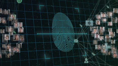 Animation-of-biometric-fingerprint-and-network-of-connections-over-dark-background