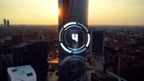 Animation-of-circular-scanner-with-countdown-over-modern-city-buildings-at-sunset