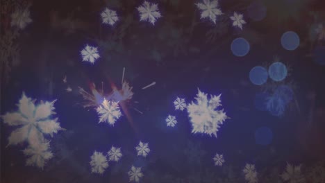 Animation-Von-Schnee,-Der-über-Feuerwerk-Und-Lichter-Fällt