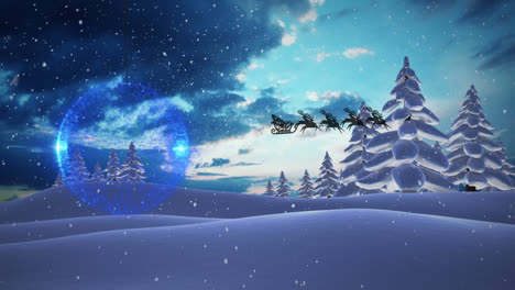 Animation-Von-Weihnachtsbaumschmuck,-Schlitten-Und-Regenhirsch-über-Der-Winterlandschaft