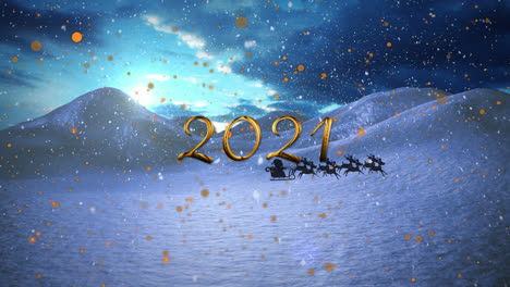Animation-of-snow-falling,-2021-text,-sledge-and-raindeer-over-winter-landscape
