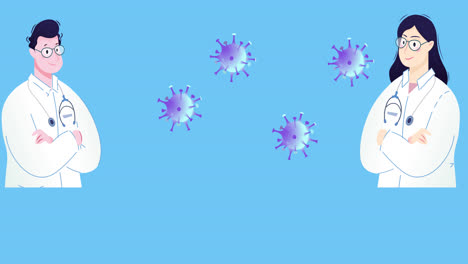 Animation-of-covid-19-virus-cells-and-doctor-icons-over-blue-background
