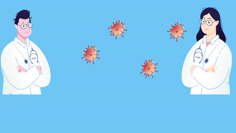 Animation-Von-Covid-19-Viruszellen-Und-Arztsymbolen-Auf-Blauem-Hintergrund