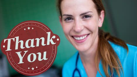 Animation-of-thank-you-text-over-female-doctor-smiling