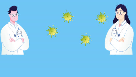 Animation-Von-Covid-19-Viruszellen-Und-Arztsymbolen-Auf-Blauem-Hintergrund