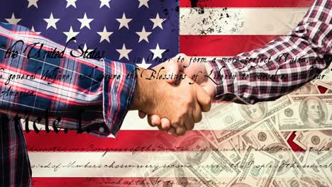 Animation-of-men-holding-hands-over-document-and-american-flag