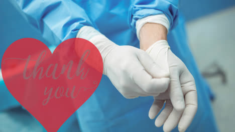 Animation-of-thank-you-text-in-heart-over-doctor-wearing-medical-gloves