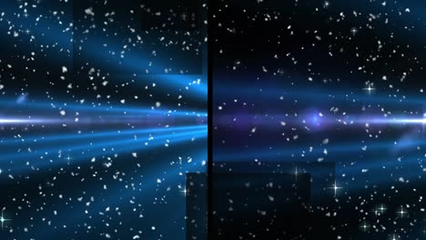 Animation-of-split-screen-showing-blue-spotlight-and-light-beams,-with-glowing-particles,-on-black