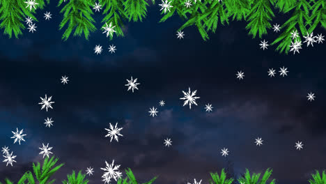 Green-tree-branches-over-snowflakes-falling-against-clouds-in-night-sky