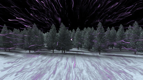 Purple-light-trail-bursting-over-multiple-trees-on-winter-landscape-against-black-background
