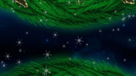 Weihnachtskranzdekoration-über-Schneeflocken,-Die-Gegen-Leuchtende-Sterne-Auf-Blauem-Hintergrund-Fallen
