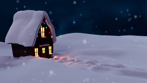 Animation-Von-Schnee,-Der-über-Das-Haus-Fällt,-Mit-Weihnachtslichtern-Und-Winterlandschaft