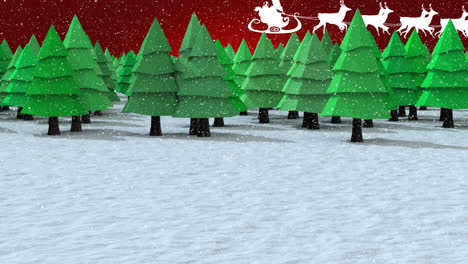 Animation-of-santa-claus-in-sleigh-with-reindeer-moving-over-fir-trees-winter-landscape