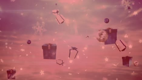 Stars,-christmas-baubles-and-gift-icons-falling-against-spots-of-light-on-pink-background