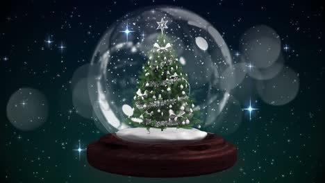 Shooting-star-around-a-christmas-tree-in-a-snow-globe-against-shining-stars-on-black-background
