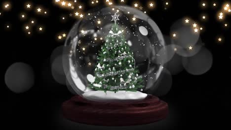 Shooting-star-around-a-christmas-tree-in-a-snow-globe-against-star-icons-falling-on-black-background