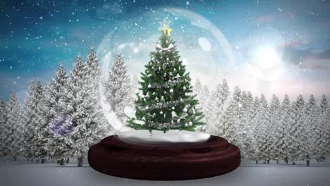 Shooting-star-around-christmas-tree-in-a-snow-globe-against-snow-falling-over-winter-landscape