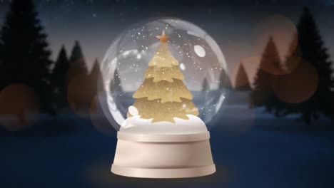 Two-shooting-stars-spinning-around-christmas-tree-in-a-snow-globe-on-winter-landscape