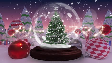 Merry-christmas-in-chinese-text-and-shooting-star-spinning-around-snow-globe-on-winter-landscape