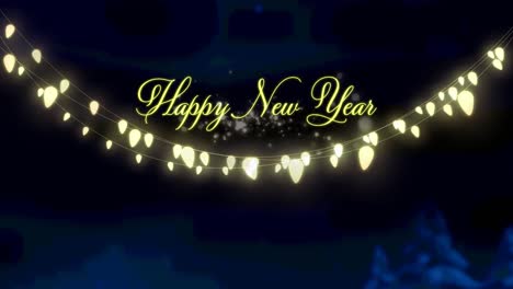 Happy-new-year-text-and-yellow-glowing-fairy-light-decorations-hanging-against-night-sky